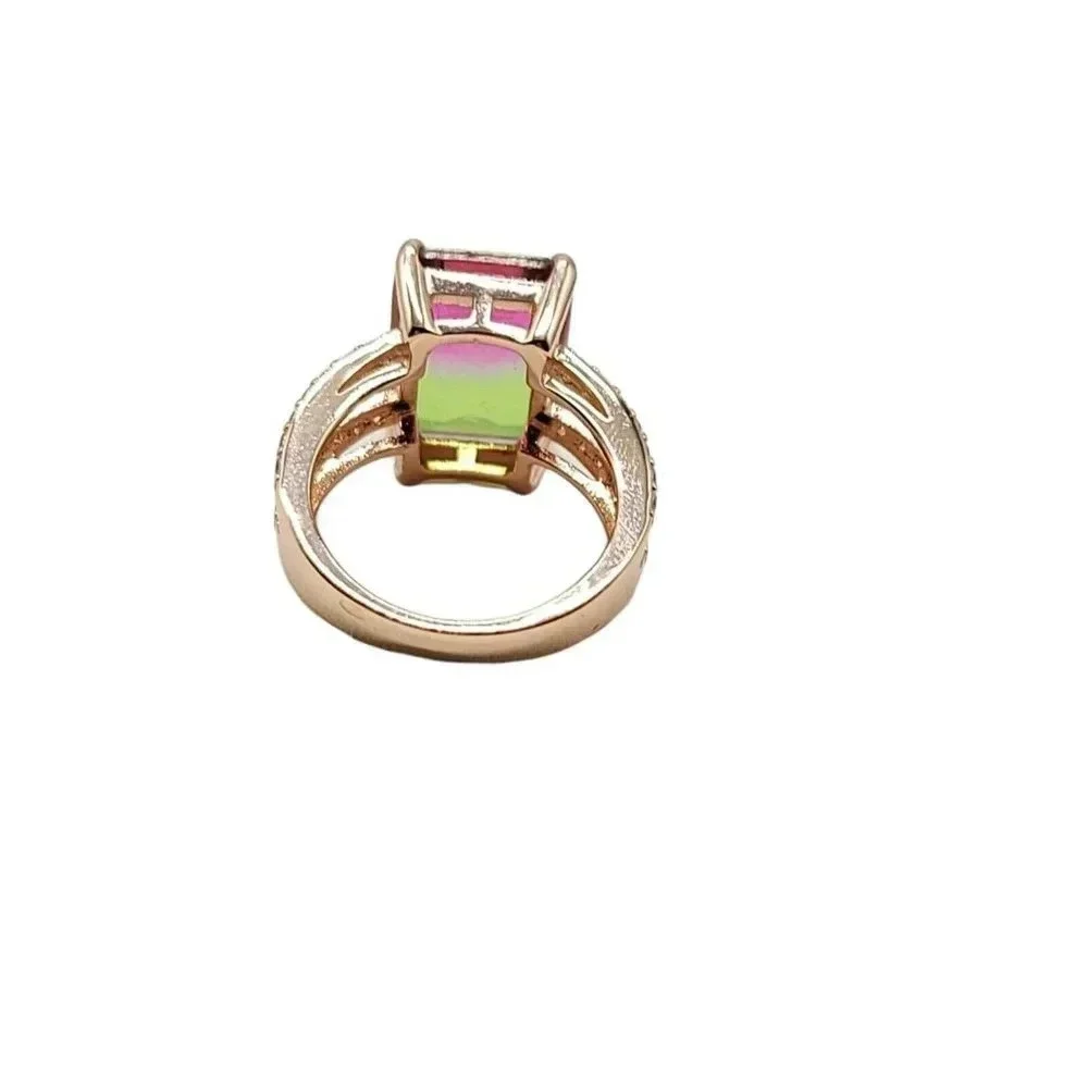 Pink Green Blended Glass Rhinestone Costume Bling Ring Size 5 Rose Gold Plated